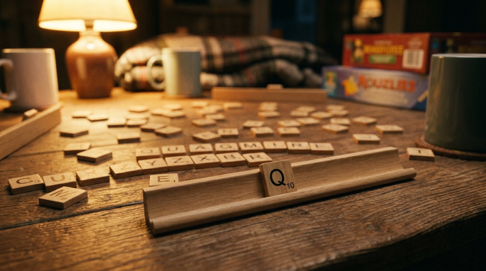 Wooden letter tiles scattered on a table with a Q tile prominent on a rack